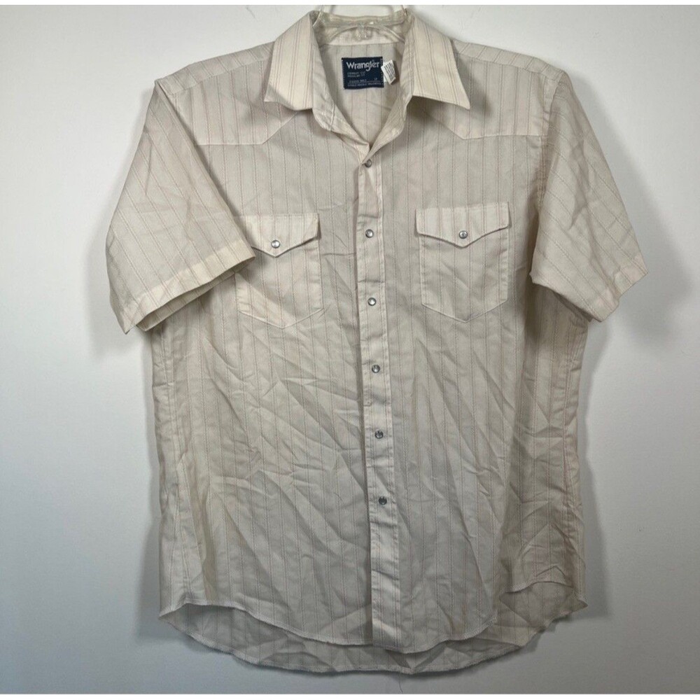 Vintage Wrangler Pearl Snap Mens Short Sleeve Silver Gold Striped Shirt Sz 17